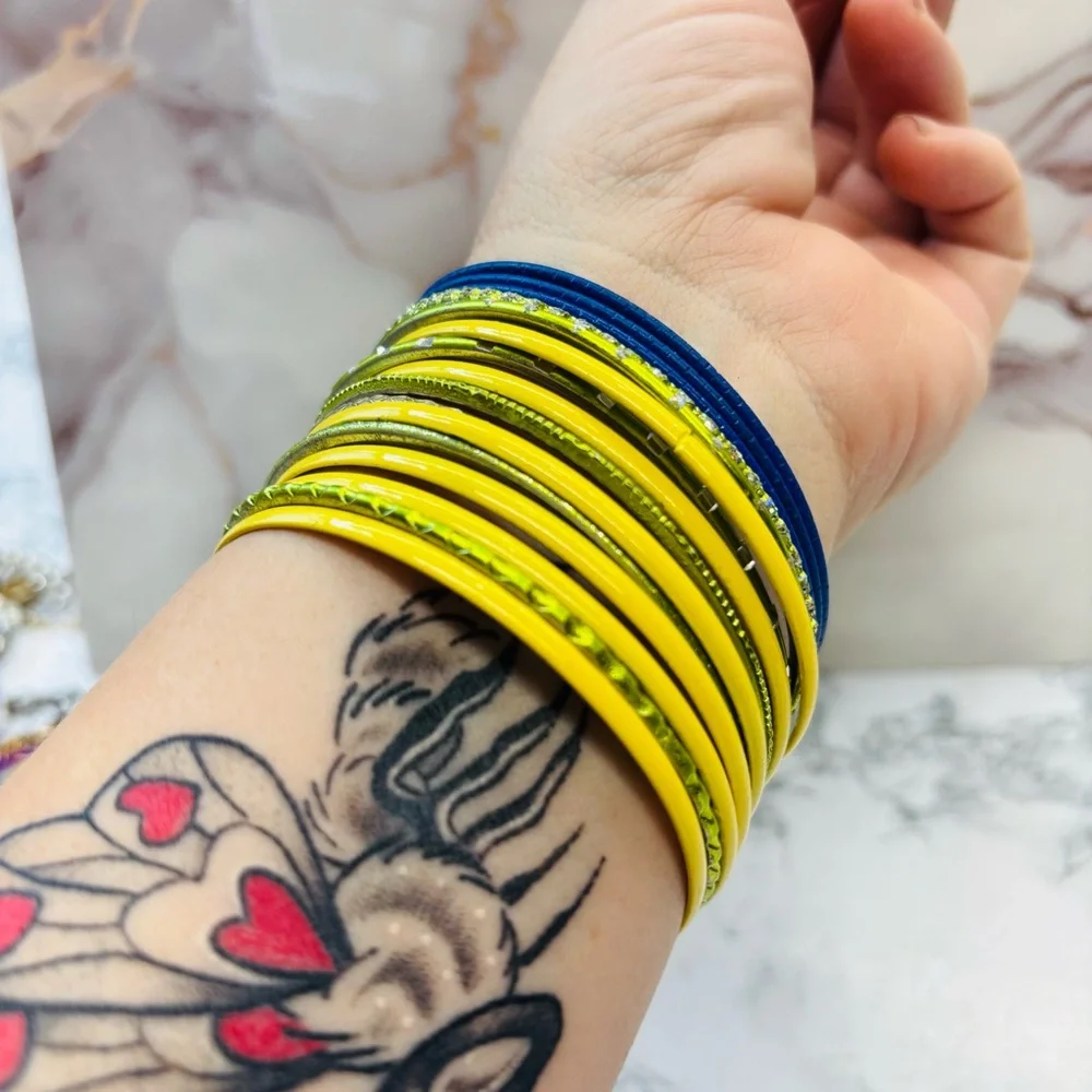 Bohemian Green Yellow and Blue Bangle Set of 16